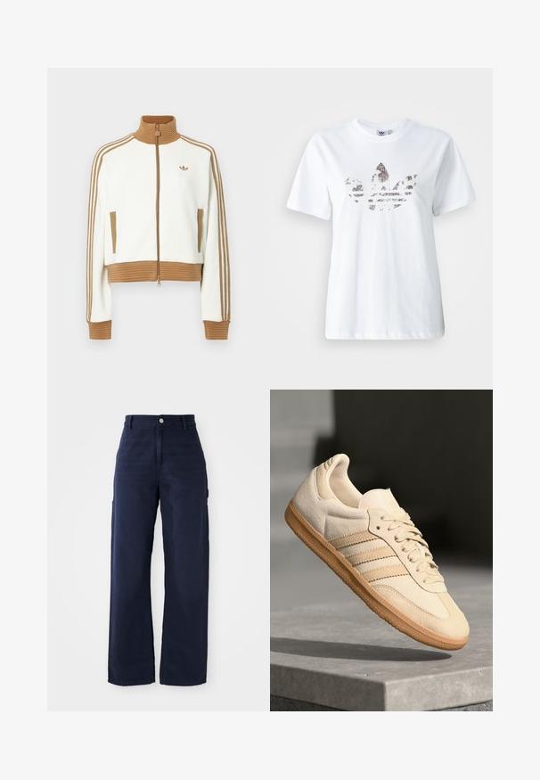 Jaqueta branca corta com um colarinho e punhos castanhos canelados. Apresenta dois bolsos laterais e três riscas castanhas nas mangas. Logótipo bordado.; T-shirt branco de algodão com um grande gráfico escuro e brilhante do logótipo trefoil da Adidas na parte da frente. Mangas curtas e decote redondo.; Calças de cargo largas em azul-marinho, feitas de um tecido de algodão resistente, com bolsos laterais e um fecho de botão na cintura.; Sapatilha de camurça bege clara com sola de borracha, três riscas diagonais e uma biqueira texturizada. Apresenta o logótipo na língua e na lateral.