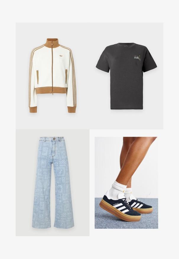 Biely skrátený kabát s rebrovaným hnedým golierom a manžetami. Obsahuje dve bočné vrecká a tri hnedé pruhy po stranách rukávov. Vyšívané logo.; Šedé bavlnené tričko s krátkymi rukávmi. Na hrudi sa nachádza malé multicolor vyšívané dizajn s nápisom "Billing." Klasický strih.; Svetlomodré široké džínsy vyrobené z denimu, so štruktúrovaným vzorom s rôznymi motívmi, vrátane flóry a fauny, po celom materiáli.; Čierne semišové tenisky s bielymi pruhmi a detailmi, so zaoblenou špičkou, podrážkou z gumovej gumy, doplnené bielymi rebrovanými ponožkami.