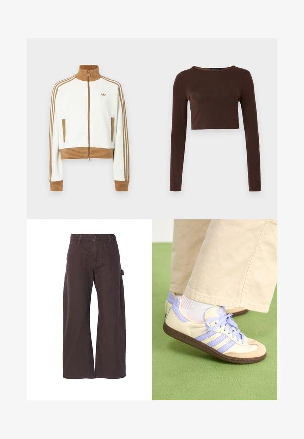 Hvit cropped jakke med en rillet brun krage og mansjetter. Har to sidelommer og tre brune striper langs ermene. Brodert logo.; Brun langermet cropped topp laget av glatt materiale, med rund halslinning og tettsittende design. Ingen synlige mønstre eller detaljer.; Brune cargo bukser med vide ben, lavet af slidstærkt stof. Har sidelommer og knaplukning. Enkle syning detaljer.; Kremfargede og lavendelfargede joggesko med tre striper og en teksturert brun såle, med lisser og en polstret hæl. Mykt stofføvre.