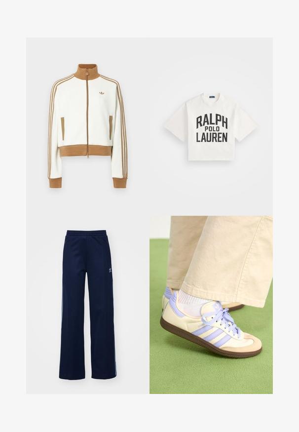 Biała kurtka typu crop z prążkowanym brązowym kołnierzem i mankietami. Posiada dwie boczne kieszenie i trzy brązowe paski na rękawach. Wyhaftowane logo.; Skrojona biała koszulka bawełniana z wyraźnym czarnym napisem "RALPH" nad "POLO LAUREN". Krótkie rękawy, okrągły dekolt, prosty design.; Granatowe spodnie dresowe z bawełny z szerokimi nogawkami, elastycznym pasem i kieszeniami na zamek, z białymi paskami po bokach i detalem logo.; Kremowe i lawendowe trampki z trzema paskami oraz teksturowaną brązową podeszwą, wyposażone w sznurówki i wyścieloną piętę. Górna część z miękkiego materiału.