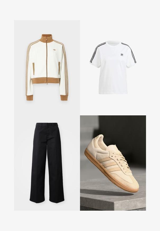 Witte cropped jas met een geribbeld bruin kraag en boorden. Voorzien van twee zijzakken en drie bruine strepen langs de mouwen. Geborduurd logo.; Witte katoenen t-shirt met korte mouwen, een ronde hals en zwarte verticale strepen op de schouders, met een klein zwart logo op de borst.; Zwarte wijde broek van zacht katoen. Voorzien van een klassieke tailleband, zijzakken en een rechte snit naar de zoom.; Lichtbeige suède sneaker met een gumrubberen buitenzool, drie diagonale strepen en een textuur op de neus. Voorzien van een logo op de tong en de zijkant.