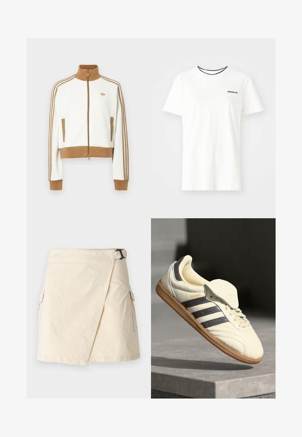 Hvid cropped jakke med en ribbet brun krave og mansjetter. Har to sidelommer og tre brune striber langs ærmerne. Broderet logo.; Hvid bomulds t-shirt med korte ærmer og rund halsudskæring. Har et sort Adidas-logo på brystet og en kontrasterende sort indvendig krave.; Beige omslagskørter lavet af letvægtsstof, med en sidebuckle, to cargo-lommer og en ren kant.; Cremefarvede lædersneakers med tre mørke striber, en brun gummisål og en afrundet tå. Har en foldbar tunge mærket "SAMBA."