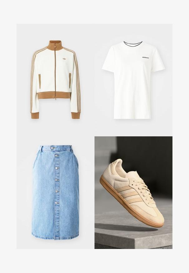 Bijela skraćena jakna s rebrastim smeškim ovratnikom i manžetama. Ima dva bočna džepa i tri smeđe pruge duž rukava. Izvezeni logo.; Bijela pamučna majica kratkih rukava s okruglim izrezom. Ima crni Adidas logo na prsima i kontrastnu crnu unutrašnju ovratniku.; Svijetloplavi traper suknja ravnog kroja, s prednjim kopčanjem na gumbe i suptilnim šavovima. V-oblik rub i bez vidljivih uzoraka.; Svijetlosmeđi nubuk tenisice s gumenim potplatom, tri dijagonalne pruge i teksturirani vrh. Sadrži logo na jeziku i bočnoj strani.