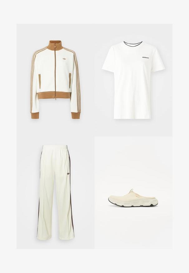 Valkoinen lyhyt takki, jossa on ruskea ribbireunus kauluksessa ja hihansuissa. Siinä on kaksi sivutaskua ja kolme ruskeaa raidetta hihoissa. Brodeerattu logo.; Valkoinen puuvillainen t-paita lyhyillä hihoilla ja pyöreällä kaula-aukolla. Rinnassa musta Adidas-logo ja erottuva musta sisäkaulus.; Kermanväriset collegehousut rentossa leikkauksessa, joissa on tummanruskeat sivuraidat ja brodattu logo vasemmassa reisissä.; Kermansettä verkkokudoksesta valmistettu slip-on-kengä, jossa on paksu valkoinen pohja ja musta teksturoitu ulkopohja. Varressa on vetolenkki helppoa pukemista varten.