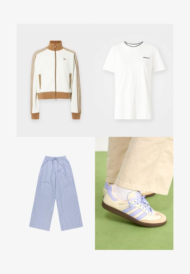 Biely skrátený kabát s rebrovaným hnedým golierom a manžetami. Obsahuje dve bočné vrecká a tri hnedé pruhy po stranách rukávov. Vyšívané logo.; Biela bavlnená tričko s krátkymi rukávmi a okrúhlym výstrihom. Obsahuje čierne logo Adidas na hrudi a kontrastný čierny vnútorný golier.; Modré pruhované nohavice s volným strihom a červenými vertikálnymi pruhmi, vyrobené z ľahkej tkaniny, s elastickým pásom a šnúrkou a bočnými vreckami.; Krémovo-fialové tenisky so tromi pruhmi a štruktúrovanou hnedou podrážkou, s šnúrkami a polstrovaným opätkom. Mäkký textilný zvršok.