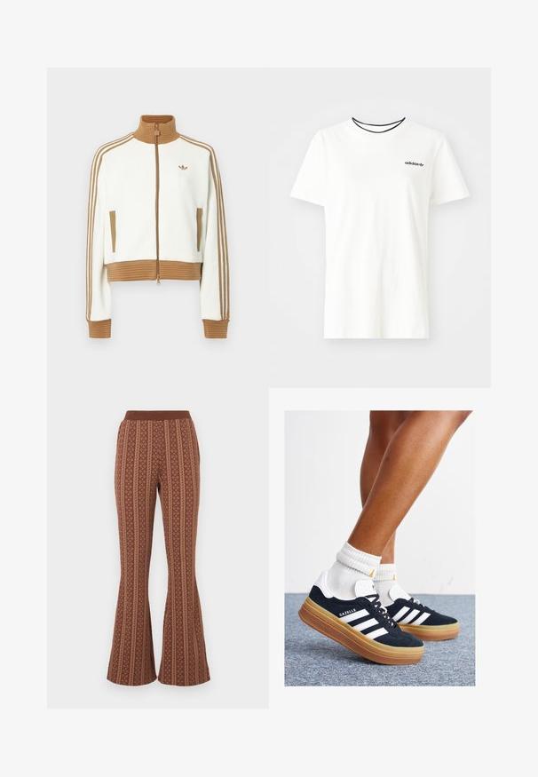 White cropped jacket with a ribbed brown collar and cuffs. Features two side pockets and three brown stripes along the sleeves. Embroidered logo.; White cotton t-shirt with short sleeves and a round neckline. Features a black Adidas logo on the chest and a contrasting black inner collar.; Brown flared pants with a patterned design featuring vertical stripes and geometric shapes. Elastic waistband, soft texture.; Black suede sneakers with white stripes and accents, rounded toe, gum rubber outsole, paired with white ribbed crew socks.