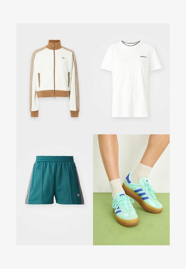 Hvit cropped jakke med en rillet brun krage og mansjetter. Har to sidelommer og tre brune striper langs ermene. Brodert logo.; Hvit bomull t-skjorte med korte ermer og rund hals. Har en svart Adidas-logo på brystet og en kontrasterende svart indre krage.; Teal treningsshorts med elastisk midje, har rosa og hvit stripete sideakenter, samt glidelås lommer på siden. Logo på kanten.; Mintgrønne sneakers med blå accenter, med en teksturert hæl, tre blå striper, og en såle av gummigummi. Brukt med lysebeige sokker.