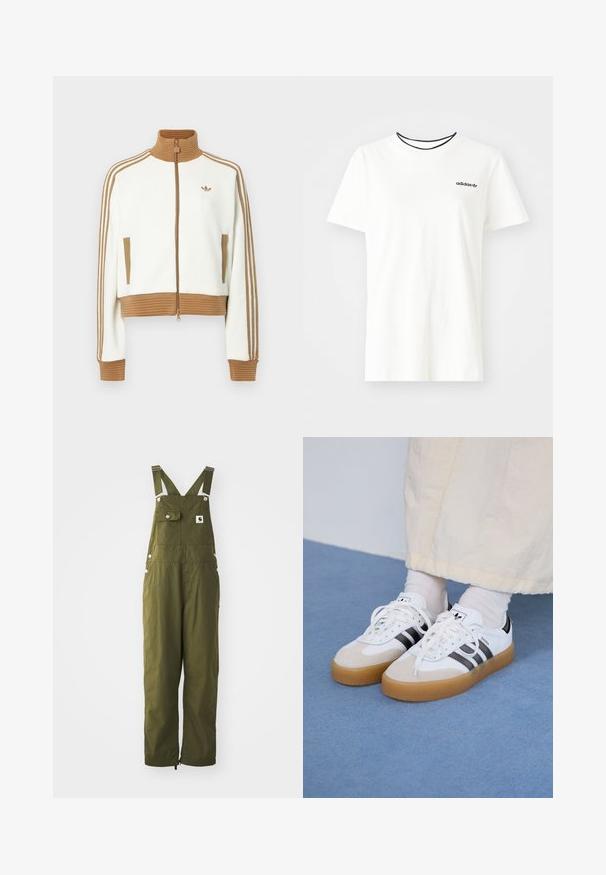 Bela skrajšana jakna z rebrastim rjavim ovratnikom in manšeti. Ima dva stranska žepa in tri rjave črte vzdolž rokavov. Vezen logo.; Bela bomba majica iz bombaža s kratkimi rokavi in okroglim izrezom. Ima črni Adidas logotip na prsih ter kontrastni črni notranji ovratnik.; Olivno zeleni bombažni kombinezoni z nastavljivimi trakovi, sprednjim žepom, pritiskači in ohlapnim krojem. Imajo tudi manšete pri gležnjih z elastiko za prilagajanje.; Bele tene škornje s črnimi črtami in bež usnjenimi detajli. Imajo teksturirano gumijasto podplat in ravne bele vezalke, nosijo se z svetlimi nogavicami.