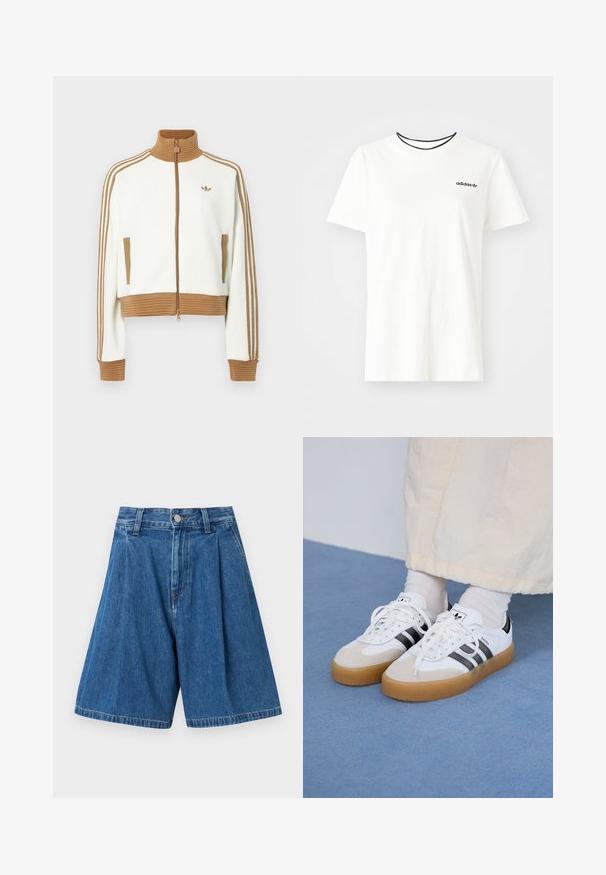 Vit kort jacka med en ribbad brun krage och muddar. Har två sidofickor och tre bruna ränder längs ärmarna. Broderad logga.; Vit bomullströja med korta ärmar och rund halsringning. Har en svart Adidas-logotyp på bröstet och en kontrasterande svart innerkrage.; Blå denimbermudashorts med plisserad front, med standard midja och knäppning. Slät textur och raka ben.; Vita sneakers med svarta ränder och beige mockadetaljer. Har en texturerad gummisul och platta vita skosnören, bärs med ljusa strumpor.