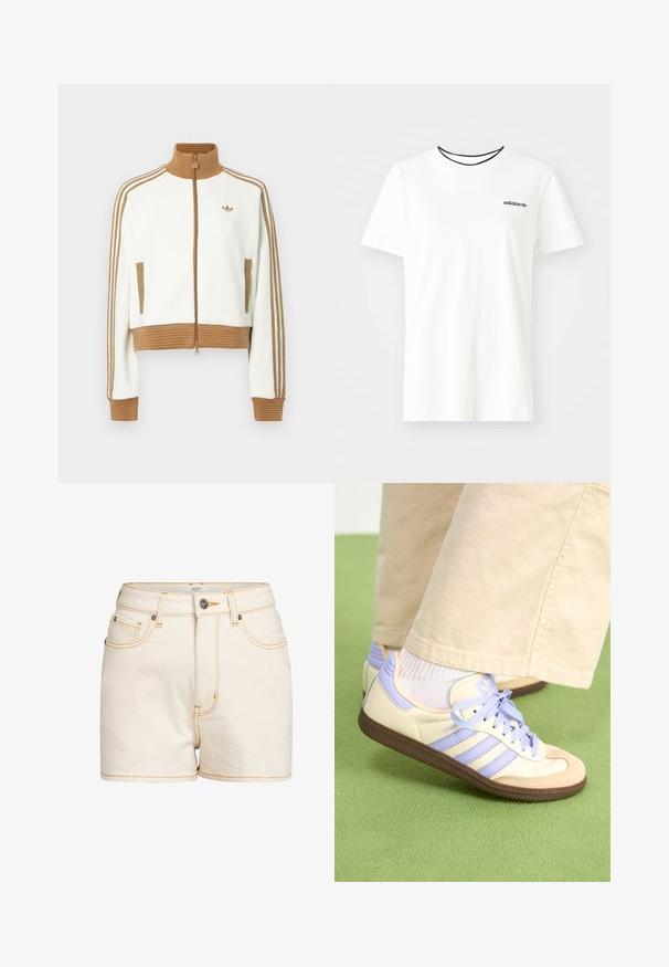 Fehér, rövidített dzseki bordás barna gallérral és mandzsettákkal. Két oldalsó zsebbe és három barna csíkba az ujjak mentén. Hímzett logóval.; Fehér pamut póló rövid ujjakkal és kerek nyakkivágással. A mellkason egy fekete Adidas logó található, valamint kontrasztos fekete belső gallér.; Bezs színű farmer rövidnadrág magas derékkal, kontrasztos sárga varrással, elülső zsebekkel és márkás fémből készült gombos záródással.; Krém és levendula színű sportcipők három csíkkal és texturált barna talppal, fűzőkkel és párnázott sarokkal. Puha anyagú felsőrész.