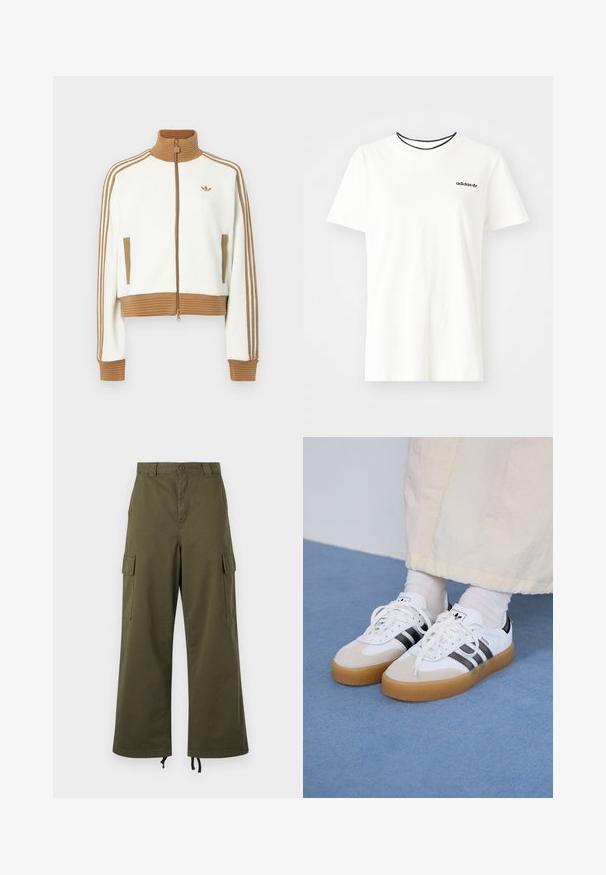 Chaqueta blanca cropped con un cuello y puños de color marrón con canalé. Cuenta con dos bolsillos laterales y tres rayas marrones a lo largo de las mangas. Logo bordado.; Camiseta de algodón blanca con manga corta y escote redondo. Presenta un logo negro de Adidas en el pecho y un cuello interior negro en contraste.; Pantalones cargo verdes olivo de algodón, con cintura alta, pierna ancha, bolsillos cargo laterales y cintas ajustables en el dobladillo.; Zapatillas blancas con rayas negras y acentos de ante beige. Cuentan con una suela de goma texturizada y cordones blancos planos, usadas con calcetines de color claro.