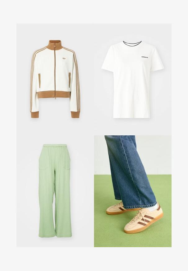 Hvid cropped jakke med en ribbet brun krave og mansjetter. Har to sidelommer og tre brune striber langs ærmerne. Broderet logo.; Hvid bomulds t-shirt med korte ærmer og rund halsudskæring. Har et sort Adidas-logo på brystet og en kontrasterende sort indvendig krave.; Lys grønne, vide bukser med elastisk talje, struktureret stof og to forlommer. Designet har en afslappet pasform.; Beige sneakers med teksturerede cremefarvede paneler og brune striber, parret med blå denim jeans. Jeansene har brede ben og en frynset kant.
