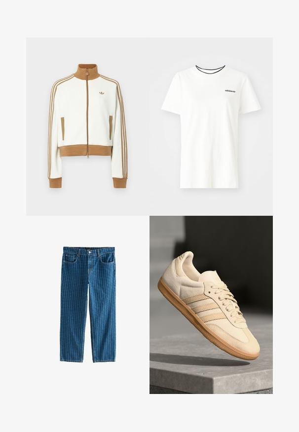 Bela skrajšana jakna z rebrastim rjavim ovratnikom in manšeti. Ima dva stranska žepa in tri rjave črte vzdolž rokavov. Vezen logo.; Bela bomba majica iz bombaža s kratkimi rokavi in okroglim izrezom. Ima črni Adidas logotip na prsih ter kontrastni črni notranji ovratnik.; Modre denim hlače s karo vzorcem. Imajo pet žepov, zadrgo in standarden pas z zanko za pas. Ohlapen kroj, ravna noga.; Svetlo bež semišni športni copat z gumijastim podplatom, trije poševni trakovi in teksturiran zaščitni del. Vsebuje logotip na ježku in strani.