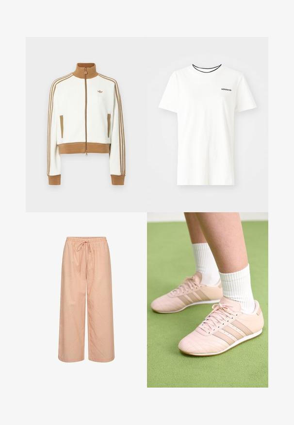White cropped jacket with a ribbed brown collar and cuffs. Features two side pockets and three brown stripes along the sleeves. Embroidered logo.; White cotton t-shirt with short sleeves and a round neckline. Features a black Adidas logo on the chest and a contrasting black inner collar.; Wide-leg pants in light peach with white vertical stripes. Features an elastic waistband with a drawstring. Made from lightweight fabric.; Light pink athletic shoes with diagonal stitching, white soles, and three lateral stripes. Worn with ribbed white socks on green surface.