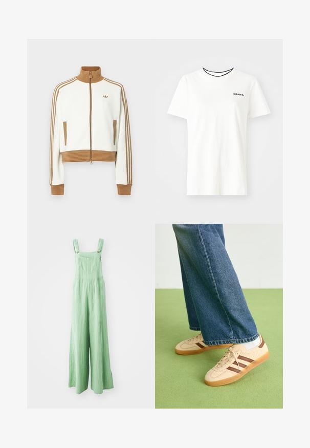 Balta īsā jaka ar ribotu brūnu apkakli un aprocēm. Iezīmēti divi sānu kabatas un trīs brūnas svītras gar piedurknēm. Izšūts logo.; Balta kokvilnas T-krekls ar īsām piedurknēm un apļveida kakla izgriezumu. Piedāvā melnu Adidas logotipu uz krūtīm un kontrastējošu melnu iekšējo apkakli.; Zaļas platās kājas kopējās ar teksturētu audumu, ar regulējamām siksnām un priekšējām kabatām ar misiņa krāsas pogām.; Beidzīgi krēmbalti sporta apavi ar tekstūru un brūnā svītra, apvienoti ar zilu džinsu biksēm. Džinsus raksturo plata kāja un saplēsts apakšmalas dizains.