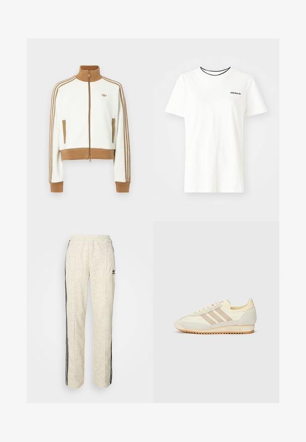 Bela skrajšana jakna z rebrastim rjavim ovratnikom in manšeti. Ima dva stranska žepa in tri rjave črte vzdolž rokavov. Vezen logo.; Bela bomba majica iz bombaža s kratkimi rokavi in okroglim izrezom. Ima črni Adidas logotip na prsih ter kontrastni črni notranji ovratnik.; Kremne jogging hlače z teksturiranim vzorcem, ki posnema kačjono kožo. Imajo črne stranske črte in elastičen pas. Črni logotip na stegnu.; Kremna atletska teniska obutev z tremi bež črtami, usnjatom in tekstilnim materialom, teksturiranim podplatom ter embosiranim logotipom na peti.