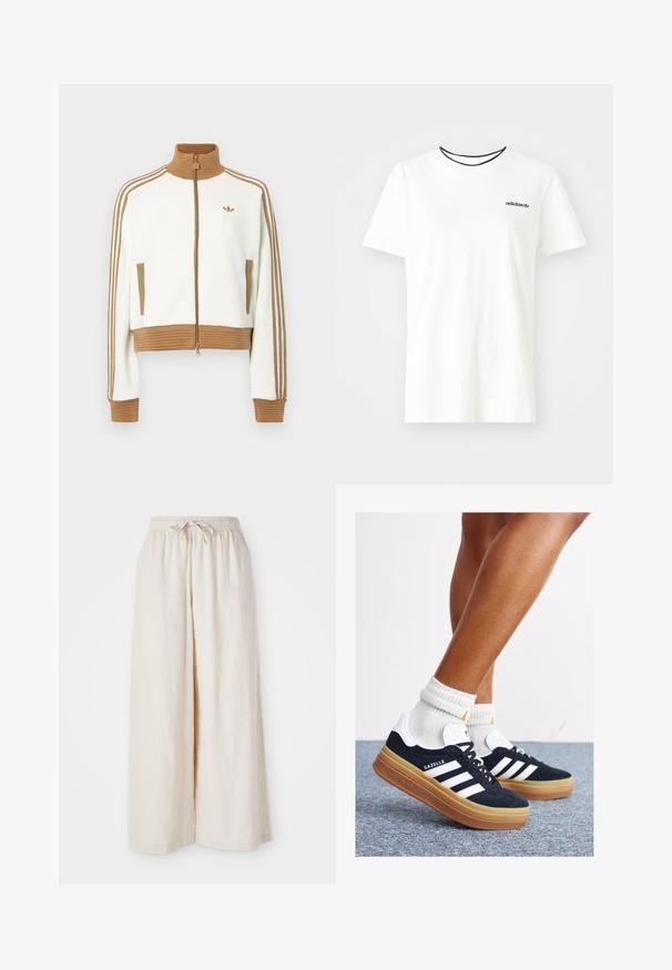 Veste blanche raccourcie avec un col et des poignets côtelés marron. Comprend deux poches latérales et trois bandes marron le long des manches. Logo brodé.; T-shirt en coton blanc à manches courtes et à encolure ronde. Présente un logo Adidas noir sur la poitrine et un col intérieur noir contrastant.; Pantalons larges de couleur crème avec une taille élastique et un cordon de serrage. Tissu en lin léger et lisse, sans motifs ni matériel visible.; Baskets en daim noir avec des rayures et des accents blancs, bout arrondi, semelle extérieure en caoutchouc gomme, associées à des chaussettes blanches côtelées mi-mollet.