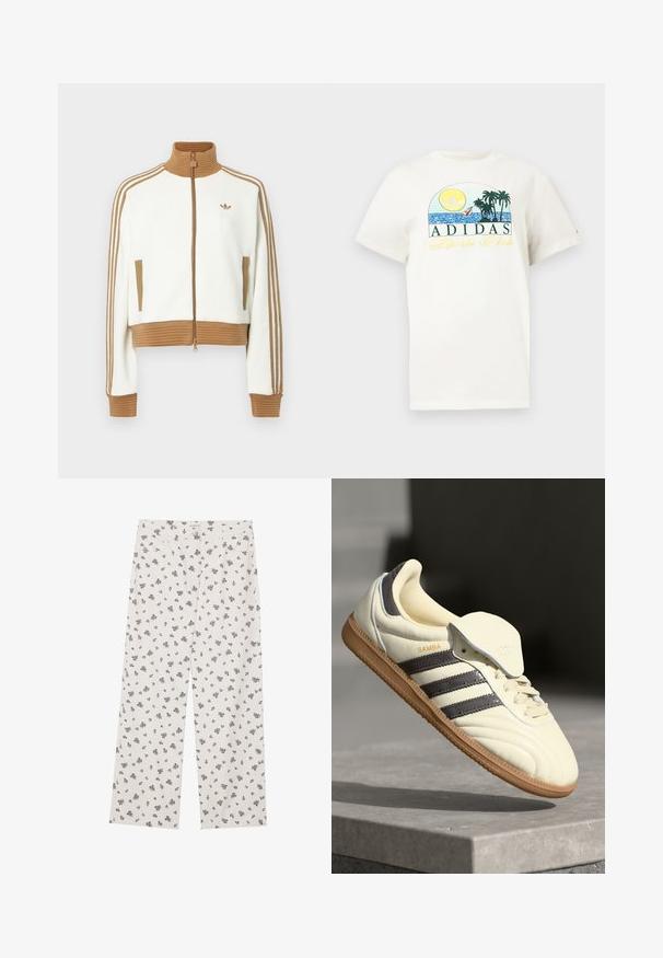Hvit cropped jakke med en rillet brun krage og mansjetter. Har to sidelommer og tre brune striper langs ermene. Brodert logo.; Hvit bomulls t-skjorte med grafisk design som viser en sol, palmer og vann. "ADIDAS Sports Club" trykket i grønt og gult.; Hvite bukser av stoff med et lite svart blomstermønster, vid ben-design og standard midjebånd med frontlommer.; Kremfargede lær sneakers med tre mørke striper, en brun gummisåle og en avrundet tå. Har en sammenleggbar tunga merket "SAMBA."