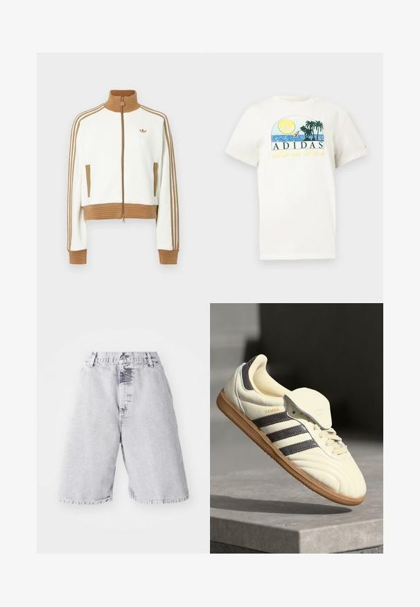 White cropped jacket with a ribbed brown collar and cuffs. Features two side pockets and three brown stripes along the sleeves. Embroidered logo.; White cotton t-shirt featuring a graphic design with a sun, palm trees, and water. "ADIDAS Sports Club" printed in green and yellow.; Denim shorts in light gray with a faded texture. Features a button and zipper closure, belt loops, and a straight leg design.; Cream leather sneaker with three dark stripes, a brown gum outsole, and a rounded toe. Features a foldable tongue labeled "SAMBA."