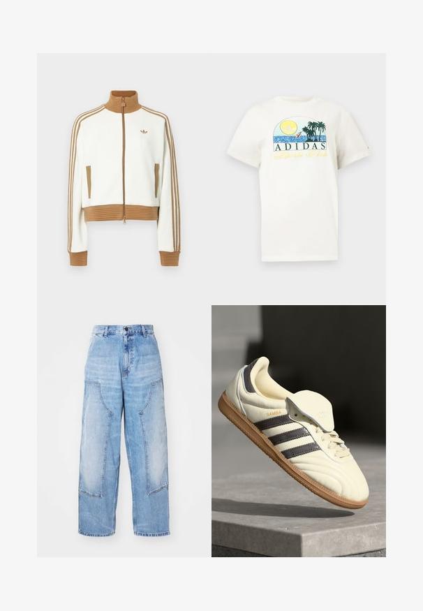 Giacca bianca cropped con collo e polsini a coste marroni. Presenta due tasche laterali e tre strisce marroni lungo le maniche. Logo ricamato.; T-shirt di cotone bianco con un design grafico raffigurante un sole, palme e acqua. "ADIDAS Sports Club" stampato in verde e giallo.; Pantaloni ampi in denim azzurro chiaro con due grandi tasche anteriori, chiusura a bottone e leggere sfumature. Dettagli cuciti sulle tasche.; Sneaker in pelle crema con tre strisce scure, suola in gomma marrone e punta arrotondata. Presenta una linguetta pieghevole etichettata "SAMBA".