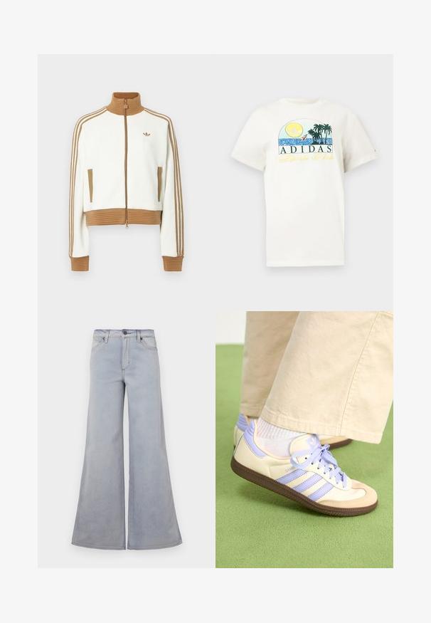 Hvit cropped jakke med en rillet brun krage og mansjetter. Har to sidelommer og tre brune striper langs ermene. Brodert logo.; Hvit bomulls t-skjorte med grafisk design som viser en sol, palmer og vann. "ADIDAS Sports Club" trykket i grønt og gult.; Lys blå vide bukser laget av denim, med høy midje, fem lommer og subtil søm detaljer langs sømmene.; Kremfargede og lavendelfargede joggesko med tre striper og en teksturert brun såle, med lisser og en polstret hæl. Mykt stofføvre.