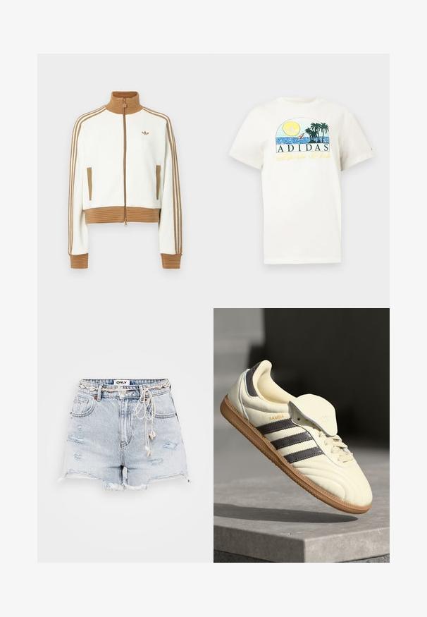 Hvit cropped jakke med en rillet brun krage og mansjetter. Har to sidelommer og tre brune striper langs ermene. Brodert logo.; Hvit bomulls t-skjorte med grafisk design som viser en sol, palmer og vann. "ADIDAS Sports Club" trykket i grønt og gult.; Lyseblå denimshorts med frynset kant, slitte detaljer, justerbar beige snor og merkelapp på livet.; Kremfargede lær sneakers med tre mørke striper, en brun gummisåle og en avrundet tå. Har en sammenleggbar tunga merket "SAMBA."