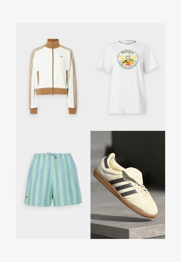 Bílá zkrácená bunda s hnědou žebrovanou límcem a manžetami. Má dvě boční kapsy a tři hnědé pruhy podél rukávů. Vyšívané logo.; Bílý bavlněný tričko s krátkým rukávem, se zaobleným grafickým logem v zelené a žluté barvě, které zobrazuje "Adidas Originals" a designy ovoce.; Pruhované šortky v mátově zelené a světlé modré barvě, s elastickým páskem na šňůrku a malou nášivkou s logem na dolní levé straně.; Krémové kožené tenisky se třemi tmavými pruhy, hnědou gumovou podrážkou a zaoblenou špičkou. Mají skládací jazyk s nápisem "SAMBA."