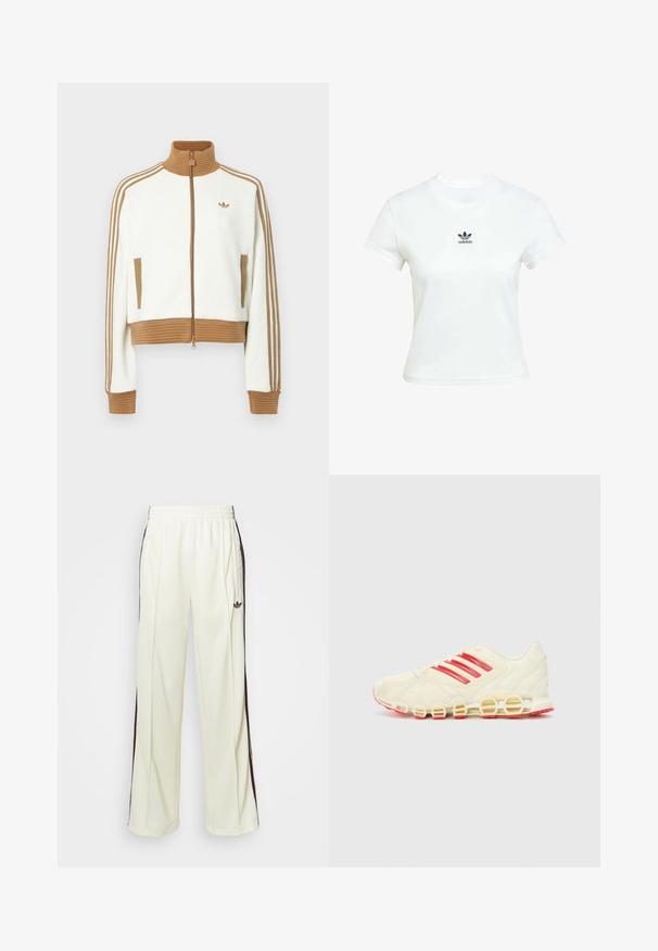 Vit kort jacka med en ribbad brun krage och muddar. Har två sidofickor och tre bruna ränder längs ärmarna. Broderad logga.; Vit bomullströja med korta ärmar och rundad halsringning. Har en svart Adidas-logga tryckt på bröstet. Enkel, minimal design.; Krämfärgade sweatpants med avslappnad passform, som har mörkbruna sidosträck och en broderad logotyp på vänster lår.; Sportssko med en krämvit ovandel, röda ränder på sidan och en distinkt loopad sula; meshmaterialet ger andningsförmåga.