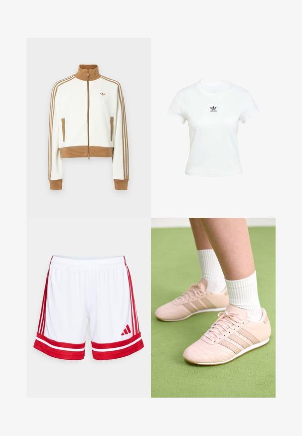 Biała kurtka typu crop z prążkowanym brązowym kołnierzem i mankietami. Posiada dwie boczne kieszenie i trzy brązowe paski na rękawach. Wyhaftowane logo.; Biała bawełniana koszulka z krótkim rękawem i okrągłym dekoltem. Posiada czarne logo Adidas nadrukowane na piersi. Prosty, minimalistyczny design.; Białe sportowe szorty z czerwonymi paskami bocznymi i wykończeniem. Posiadają elastyczny pas oraz logo Adidas w czerwonym kolorze na dolnym lewym boku.; Jasnoróżowe buty sportowe z ukośnym przeszyciem, białymi podeszwami i trzema bocznymi paskami. Noszone z prążkowanymi białymi skarpetami na zielonej powierzchni.