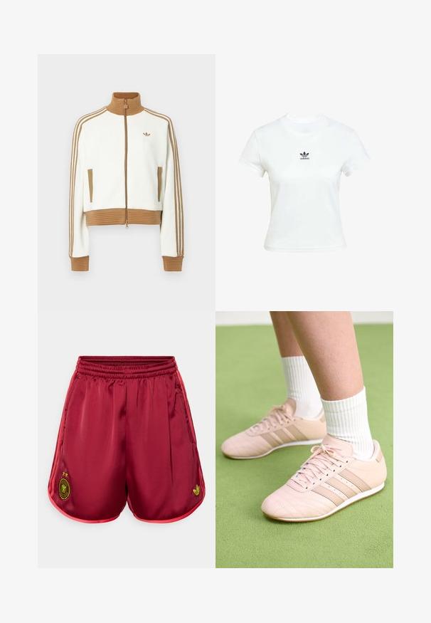 Vit kort jacka med en ribbad brun krage och muddar. Har två sidofickor och tre bruna ränder längs ärmarna. Broderad logga.; Vit bomullströja med korta ärmar och rundad halsringning. Har en svart Adidas-logga tryckt på bröstet. Enkel, minimal design.; Bordeaux träningsshorts med elastisk midja, kontrastrande rosa kant, grön logotyp och broderad emblem med två stjärnor. Slät polyestertextur.; Ljusrosa sportskor med diagonala sömmar, vita sulor och tre sidostrikar. Bärs tillsammans med ribbade vita strumpor på grön yta.