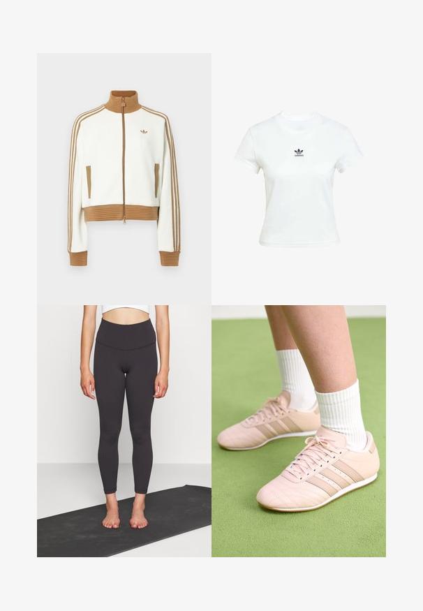 Veste blanche raccourcie avec un col et des poignets côtelés marron. Comprend deux poches latérales et trois bandes marron le long des manches. Logo brodé.; T-shirt en coton blanc à manches courtes et encolure ras du cou. Présente un logo Adidas noir imprimé sur la poitrine. Design simple et minimaliste.; Leggings noirs taille haute en tissu lisse et extensible avec une silhouette ajustée, se terminant à la cheville. À associer avec un haut court sur un tapis de yoga.; Baskets de sport rose clair avec des coutures en diagonale, semelles blanches et trois rayures latérales. Portées avec des chaussettes blanches à côtes sur une surface verte.