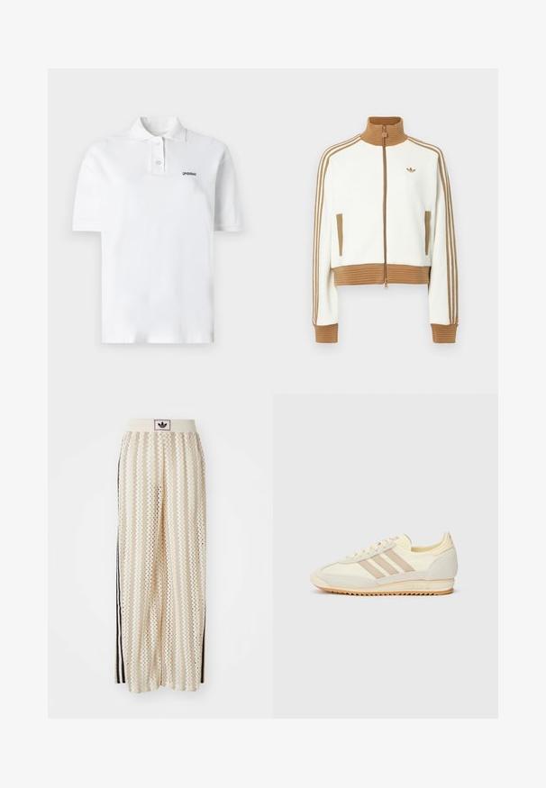 Balta īsā jaka ar ribotu brūnu apkakli un aprocēm. Iezīmēti divi sānu kabatas un trīs brūnas svītras gar piedurknēm. Izšūts logo.; Balts polo krekls, izgatavots no kokvilnas, ar klasisku apkakli, trim pogām un nelielu melnu logotipu kreisajā krūtī. Īsas piedurknes.; Krēmbalti plaša piegriezuma bikses ar zigzaga rakstu, ar melnu logotipa jostu un melnām sānu svītrām. Viegls, teksturēts audums.; Krēma krāsas sporta apavi ar trim beiga joslām, izgatavoti no zamša un tekstila materiāliem, ar fakturētu zoli un iegravētu zīmolu uz papēža.