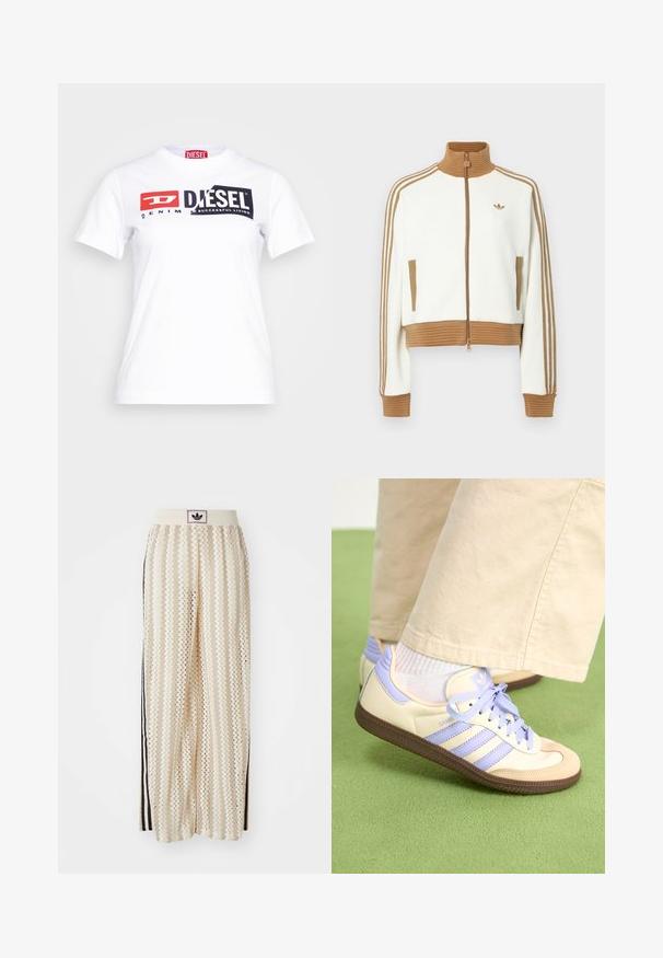 Bílá zkrácená bunda s hnědou žebrovanou límcem a manžetami. Má dvě boční kapsy a tři hnědé pruhy podél rukávů. Vyšívané logo.; Bílá bavlněná tričko s kulatým výstřihem, s výrazným černým a červeným brandingem Diesel a textem "DENIM" v kontrastním stylu. Krátké rukávy.; Krémové široké kalhoty s cikcak vzorem, s černým logem na pásu a černými pruhy po stranách. Lehčí, texturovaná tkanina.; Krémové a levandulové tenisky se třemi pruhy a texturovanou hnědou podrážkou, vybavené tkaničkami a polstrovanou patou. Měkký textilní svršek.