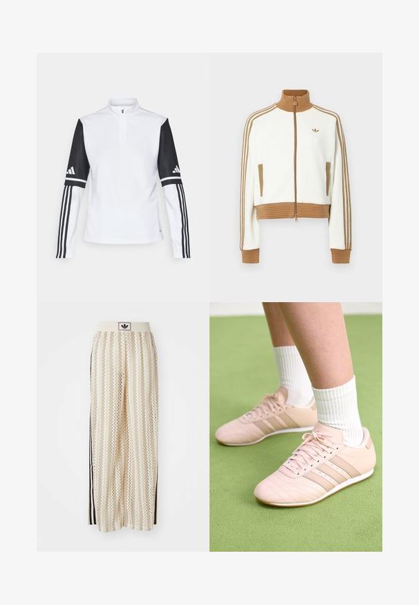 Fehér, rövidített dzseki bordás barna gallérral és mandzsettákkal. Két oldalsó zsebbe és három barna csíkba az ujjak mentén. Hímzett logóval.; Fehér sportpulóver fél cipzárral, hosszú fekete ujjakon három fehér csíkkal és az Adidas logóval a vállakon.; Krém színű, széles szárú nadrág zigzag mintával, fekete logós derékrésszel és fekete oldalsávokkal. Könnyű, texturált anyag.; Világos rózsaszín sportcipők, átlós varrással, fehér talppal és három oldalsó csíkkal. Zöld felületen bordázott fehér zoknikkal viselve.
