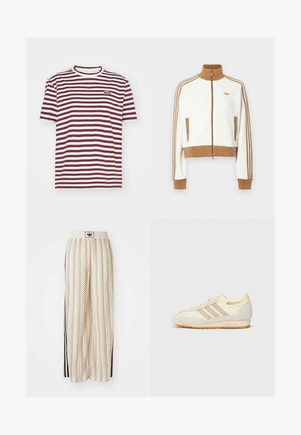 Balta trumpa striukė su raguoto rudo koloriumi ir rankogaliais. Yra dvi šoninės kišenės ir trys rudos juostelės palei rankoves. Išsiuvinėtas logotipas.; Lacoste Marškinėliai su spaudiniu - expresso/flour; Grietos spalvos plačios kelnės su zigzagų raštu, turinčios juodą logotipo juostą ir šonines juodas juosteles. Lengvas, tekstūruotas audinys.; Kreminių spalvų sportiniai bateliai su trimis bežinėmis juostelėmis, pagaminti iš zomšos ir tekstilės medžiagų, su tekstūruota baze ir įspaustu prekiniu ženklu ant kulno.