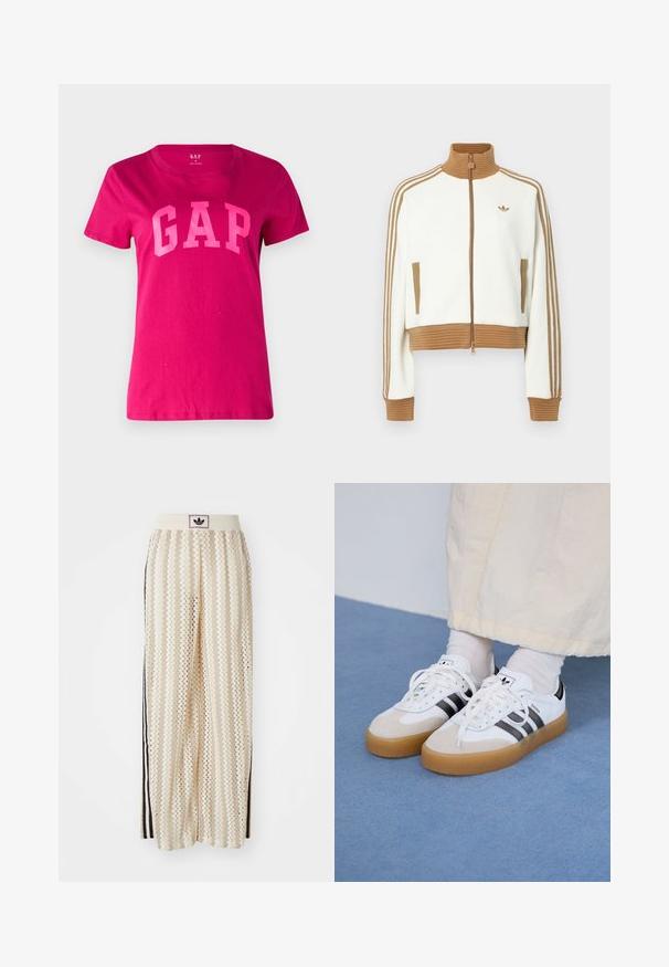 White cropped jacket with a ribbed brown collar and cuffs. Features two side pockets and three brown stripes along the sleeves. Embroidered logo.; GAP TEE - Print T-shirt - bright beet; Cream-colored wide-leg pants with a zigzag pattern, featuring a black logo waistband and side black stripes. Lightweight, textured fabric.; White sneakers with black stripes and beige suede accents. Feature a textured gum sole and flat white laces, worn with light-colored socks.