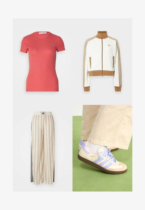 Fehér, rövidített dzseki bordás barna gallérral és mandzsettákkal. Két oldalsó zsebbe és három barna csíkba az ujjak mentén. Hímzett logóval.; Rövid ujjú, bordázott korall színű póló, testhez simuló fazonnal, amelyen egy kicsi zöld Lacoste logó található a mellrészen. Rugalmas anyagból készült.; Krém színű, széles szárú nadrág zigzag mintával, fekete logós derékrésszel és fekete oldalsávokkal. Könnyű, texturált anyag.; Krém és levendula színű sportcipők három csíkkal és texturált barna talppal, fűzőkkel és párnázott sarokkal. Puha anyagú felsőrész.