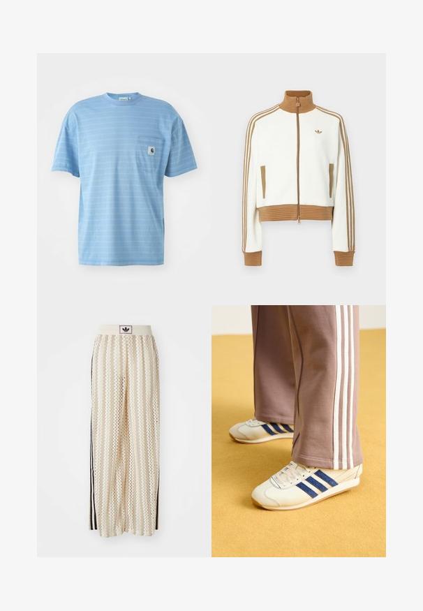 Valkoinen lyhyt takki, jossa on ruskea ribbireunus kauluksessa ja hihansuissa. Siinä on kaksi sivutaskua ja kolme ruskeaa raidetta hihoissa. Brodeerattu logo.; Vaaleansininen, lyhythihainen t-paita vaakaraitojen kanssa. Sisältää rintataskun, jossa on logopatchi. Valmistettu pehmeästä puuvillakankaasta.; Valkoiset leveälahkeiset housut, joissa on sahalaitakuvio, musta logovyötärö ja sivuilla mustat raidat. Kevyt, teksturoitu kangas.; Kreemi kengät sinisillä mokkanahka raidoilla, valkoisilla nauhoilla ja kumipohjalla. Yhdistetty harmaisiin verkkareihin, joissa on valkoiset sivuraidat.