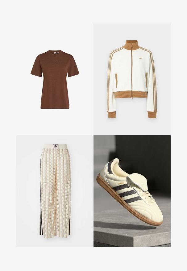 Balta īsā jaka ar ribotu brūnu apkakli un aprocēm. Iezīmēti divi sānu kabatas un trīs brūnas svītras gar piedurknēm. Izšūts logo.; Brūna kokvilnas T-kreklai ar īsām piedurknēm, apaļš kakla izgriezums un diskrēts O'Neill logo izšuvums uz krūšu daļas. Gluda tekstūra, brīva piegriezuma.; Krēmbalti plaša piegriezuma bikses ar zigzaga rakstu, ar melnu logotipa jostu un melnām sānu svītrām. Viegls, teksturēts audums.; Krēmkrāsas ādas tenisbikses ar trim tumšiem svītrām, brūnu gumijas zoli un noapaļotu purngalu. Iezīme ir locījamā mēle ar uzrakstu "SAMBA".