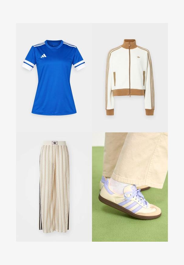 Hvit cropped jakke med en rillet brun krage og mansjetter. Har to sidelommer og tre brune striper langs ermene. Brodert logo.; Blå atletisk drakt laget av glatt, lett materiale. Har hvite detaljer på kortermene og tre horisontale striper på skuldrene.; Kremfargede bukser med brede ben og zigzag-mønster, med en svart logo-linning og svarte striper på siden. Lett, teksturert stoff.; Kremfargede og lavendelfargede joggesko med tre striper og en teksturert brun såle, med lisser og en polstret hæl. Mykt stofføvre.