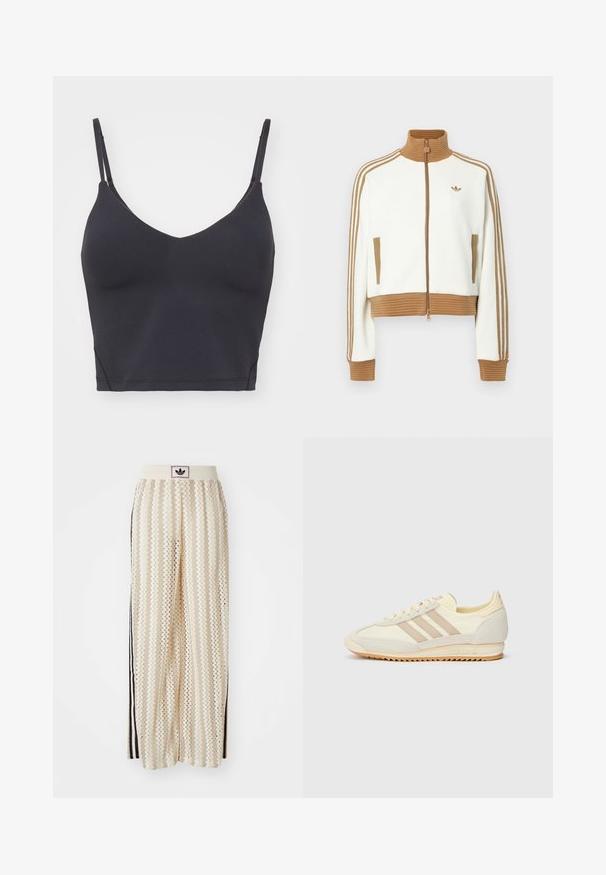 Fehér, rövidített dzseki bordás barna gallérral és mandzsettákkal. Két oldalsó zsebbe és három barna csíkba az ujjak mentén. Hímzett logóval.; Fekete, varrás nélküli bralette vékony, állítható pántokkal, V-nyakkivágással és testhez simuló fazonnal. Puha, rugalmas anyag, látható szerelvények nélkül.; Krém színű, széles szárú nadrág zigzag mintával, fekete logós derékrésszel és fekete oldalsávokkal. Könnyű, texturált anyag.; Krém színű sportcipő, három bézs csíkkal, velúr és textil anyagokból, texturált talppal és dombornyomott márkázással a saroknál.