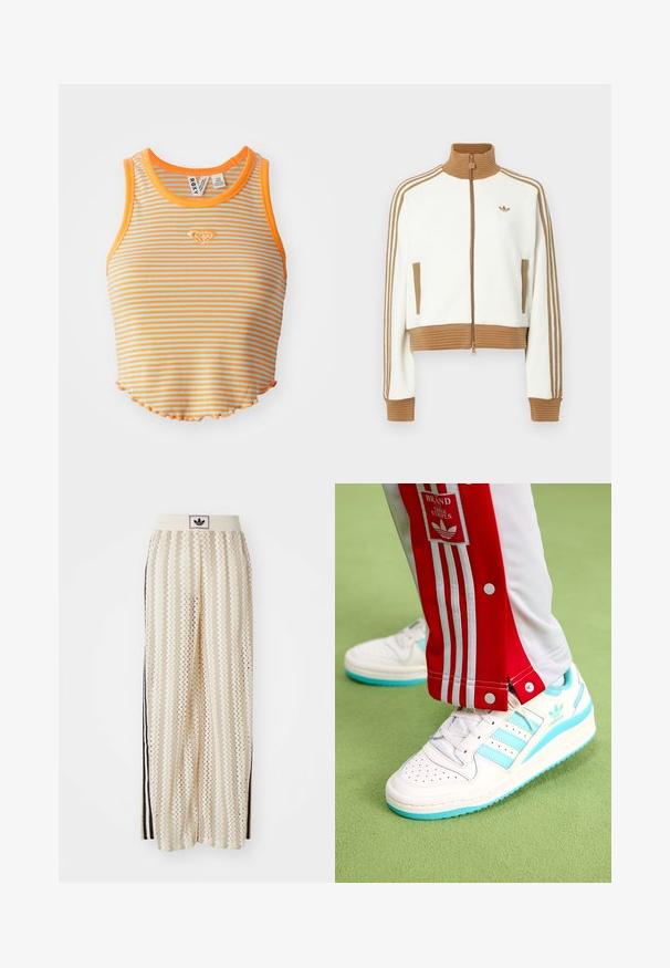 Hvit cropped jakke med en rillet brun krage og mansjetter. Har to sidelommer og tre brune striper langs ermene. Brodert logo.; Stripet crop topp i oransje og lys blå, med ribbet tekstur, rund hals og bølget kant. Liten diamantlogo brodert foran.; Kremfargede bukser med brede ben og zigzag-mønster, med en svart logo-linning og svarte striper på siden. Lett, teksturert stoff.; Hvite joggesko med lyseblå detaljer, perforert tå og tre striper. Røde og hvite treningsbukser med trykknapper og logodetalj.