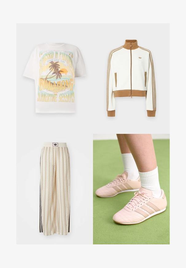 Bijela skraćena jakna s rebrastim smeškim ovratnikom i manžetama. Ima dva bočna džepa i tri smeđe pruge duž rukava. Izvezeni logo.; Bijela pamučna majica s živopisnim grafičkim printom tropskih palmi, suncem i tekstom: "SUNKISSED IN PARADISE", "BILLABONG" i "SUMMERTIME SESSIONS."; Pantalone širokog kroja krem boje s zigzag uzorkom, koji sadrži sivi pojas s crnim logotipom i bočne crne pruge. Lagani, teksturirani materijal.; Svijetloružičaste atletske tenisice s dijagonalnim šavovima, bijelim potplatima i tri bočne pruge. Nanosene s rebrastim bijelim čarapama na zelenoj površini.