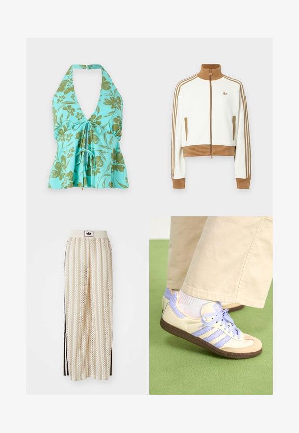 Vit kort jacka med en ribbad brun krage och muddar. Har två sidofickor och tre bruna ränder längs ärmarna. Broderad logga.; Blommig halterneck-top i turkos med grön blommig mönster. V-ringad design med justerbar dragsko fram. Lättviktsmaterial.; Krämfärgade vida byxor med ett zick-zack-mönster, med en svart logoband och svarta sidostråk. Lätt och strukturerad tyg.; Krämfärgade och lavendelfärgade sneakers med tre ränder och en texturerad brun sula, med snören och en vadderad häl. Mjuk tygobero.