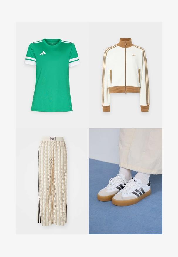 Jachetă albă scurtă cu un guler și manșete dintr-un material ribbed de culoare maro. Are două buzunare laterale și trei dungi maronii pe mâneci. Logo brodat.; Cămașă sport verde dintr-un material ușor, cu guler rotund, mâneci cu dungi albe și un logo în colțul din stânga sus.; Pantaloni largi de culoare crem, cu un model în zigzag, având un brâu cu logo negru și dungi laterale negre. Material ușor, texturat.; Adidași albi cu dungi negre și accente din suede bej. Au talpă din cauciuc texturat și șireturi albe plate, purtați cu șosete de culori deschise.