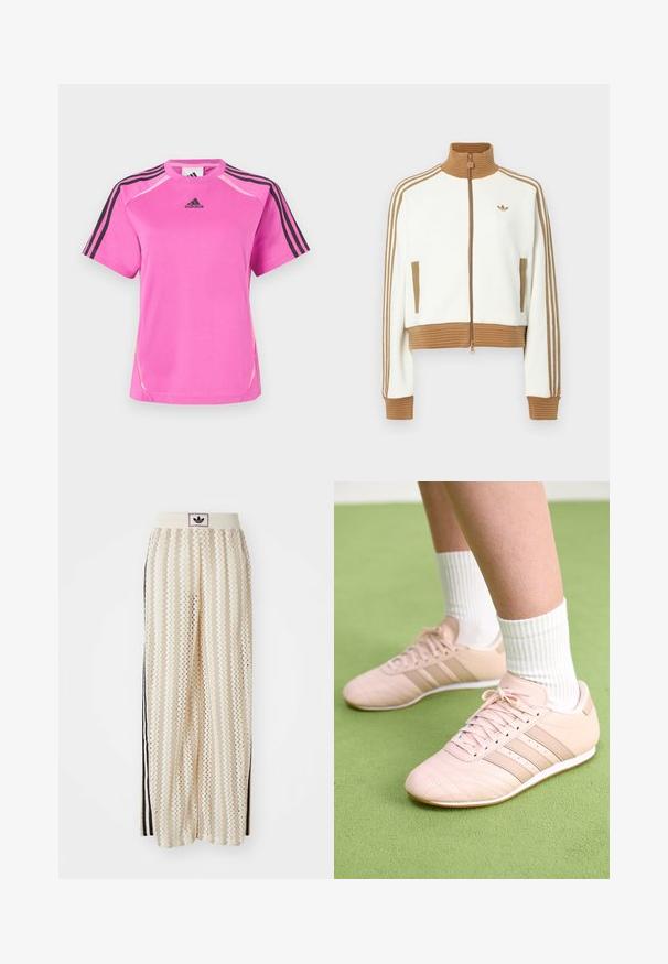 Hvit cropped jakke med en rillet brun krage og mansjetter. Har to sidelommer og tre brune striper langs ermene. Brodert logo.; Lyse rosa Adidas sport T-skjorte med svart tre-stripesdetalj på ermene og svart Adidas-logo på brystet.; Kremfargede bukser med brede ben og zigzag-mønster, med en svart logo-linning og svarte striper på siden. Lett, teksturert stoff.; Lys rosa treningssko med skrå sømmer, hvite såler og tre laterale striper. Brukt med rillede hvite sokker på grønn overflate.