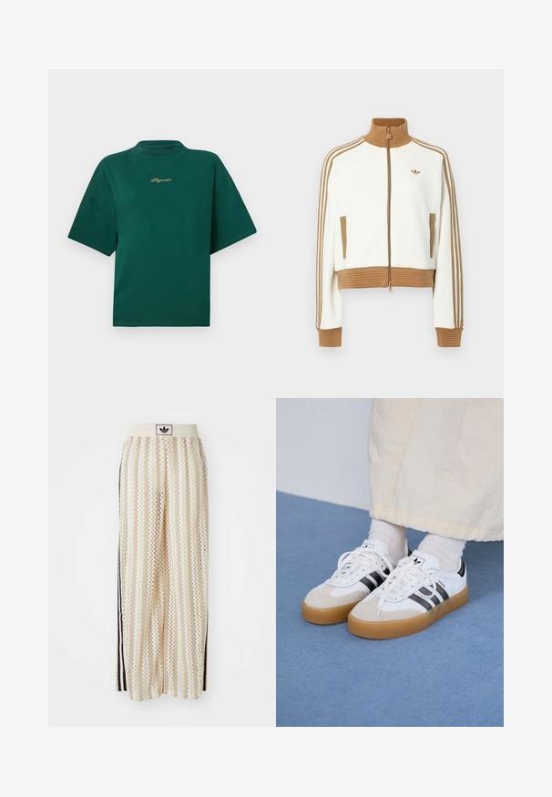 Jaqueta branca corta com um colarinho e punhos castanhos canelados. Apresenta dois bolsos laterais e três riscas castanhas nas mangas. Logótipo bordado.; T-shirt verde de algodão com gola alta, mangas curtas e um logo bordado em dourado no peito. Design simples e rectangular.; Calças largas de cor creme com um padrão em zigzag, apresentando uma cintura com logotipo preto e riscas laterais pretas. Tecido leve e texturizado.; Ténis brancos com riscas pretas e detalhes em camurça bege. Apresentam uma sola de borracha texturizada e atacadores brancos lisos, usados com meias de tom claro.