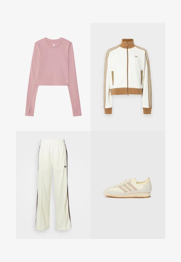 Valge lühendatud jakk, millel on soonikkoes pruun krae ja mansetid. Omab kahte küljetaskut ja kolme pruuni triipu varrukatel. Siidistatud logo.; Pikad varrukad ja lühike top pehmest roosa kangast; omab ümmargust kaelust, pöidlahulle mansettides ning väikest logot allääres.; Kreemivärvi lõdvalt istuvad dressipüksid, mis on varustatud tumeda pruuniga külgtriipudega ja vasakul reiel tikitud logoga.; Kreem värvi spordijalats, millel on kolm beeži triipu, sametist ja tekstiilist materjalid, tekstureeritud tallaosa ning reljeefne bränding kandadel.