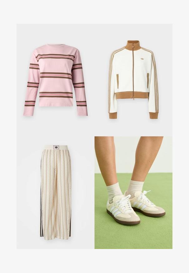 White cropped jacket with a ribbed brown collar and cuffs. Features two side pockets and three brown stripes along the sleeves. Embroidered logo.; Long-sleeve pink T-shirt made of cotton, featuring horizontal stripes in brown, red, and white. Crew neck and relaxed fit design.; Cream-colored wide-leg pants with a zigzag pattern, featuring a black logo waistband and side black stripes. Lightweight, textured fabric.; Samba sneakers with a cream and beige color scheme, featuring three light blue stripes, white laces, and brown rubber soles.