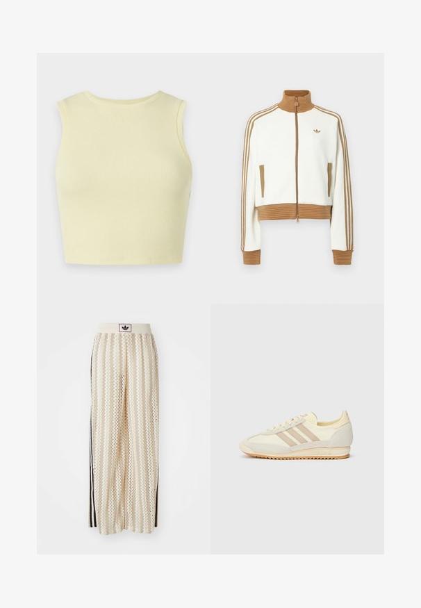 Weißes gekürztes Jacket mit einem gerippten braunen Kragen und Bündchen. Verfügt über zwei Seitentaschen und drei braune Streifen entlang der Ärmel. Besticktes Logo.; Helles gelbes geripptes Crop-Top mit rundem Halsausschnitt, ohne Ärmel und einer enganliegenden Passform. Weiche Textur aus einem atmungsaktiven Strickstoff.; Cremfarbene, weit geschnittene Hosen mit einem Zickzackmuster, ausgestattet mit einem schwarzen Logo-Bund und seitlichen schwarzen Streifen. Leichter, strukturierter Stoff.; Cremefarbene sportliche Sneakers mit drei beigen Streifen, aus Wildleder und Textilmaterialien, einer strukturierten Sohle und geprägtem Branding an der Ferse.